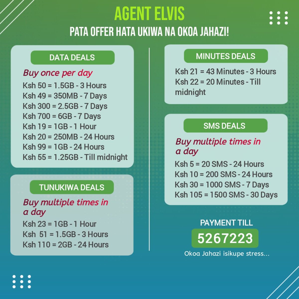 ElvisYegon_'s tweet photo. Buy unbeatable Data, Minutes &amp; SMS deals — stay connected without breaking the bank! 💥  
Choose your offer today and enjoy more browsing, chatting &amp; calling.  
👉 Pay via Till No: 5267223, and keep the vibes alive. #AgentElvis #StayConnected #InternetBundles #BingwaSokoni https://t.co/OKjOD7sXsg