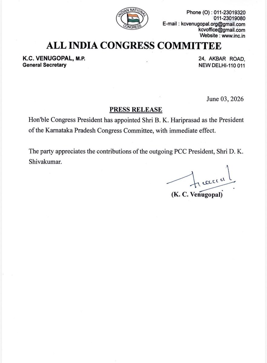 ripunjt's tweet photo. Congratulations! @HariprasadBK2 for new responsibility as Karnataka congress president. 

@INCKarnataka @INCIndia https://t.co/8UsODieG9n