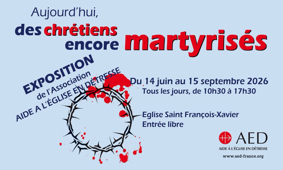 Genifee's tweet photo. A découvrir dans l'église Saint François Xavier à Saint Malo, une exposition présentée par l'AED L'Aide à l'Eglise en Détresse.
Du 14/06/2026 au 15/09/2026 de 10:30 à 17:30
https://t.co/RpKVXLHNG5 https://t.co/tUqcAqt1Xc
