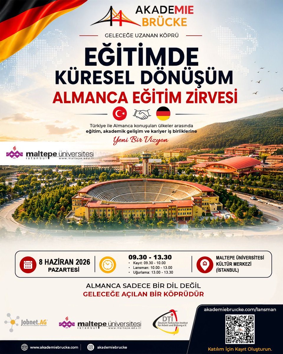 MaltepeEduTr's tweet photo. Türkiye ve Almanya Eğitimde Küresel Dönüşüm projesi – Almanca Eğitim Zirvesi’nde; yurt dışı fırsatları, akademik yollar ve kariyer seçenekleri tek bir çatı altında konuşuluyor. 🇹🇷🇩🇪

Kayıt işlemi ve tüm diğer detaylara https://t.co/Hv57WdmoAz adresinden ulaşabilirsiniz.✨ https://t.co/nMdxCqa5PW