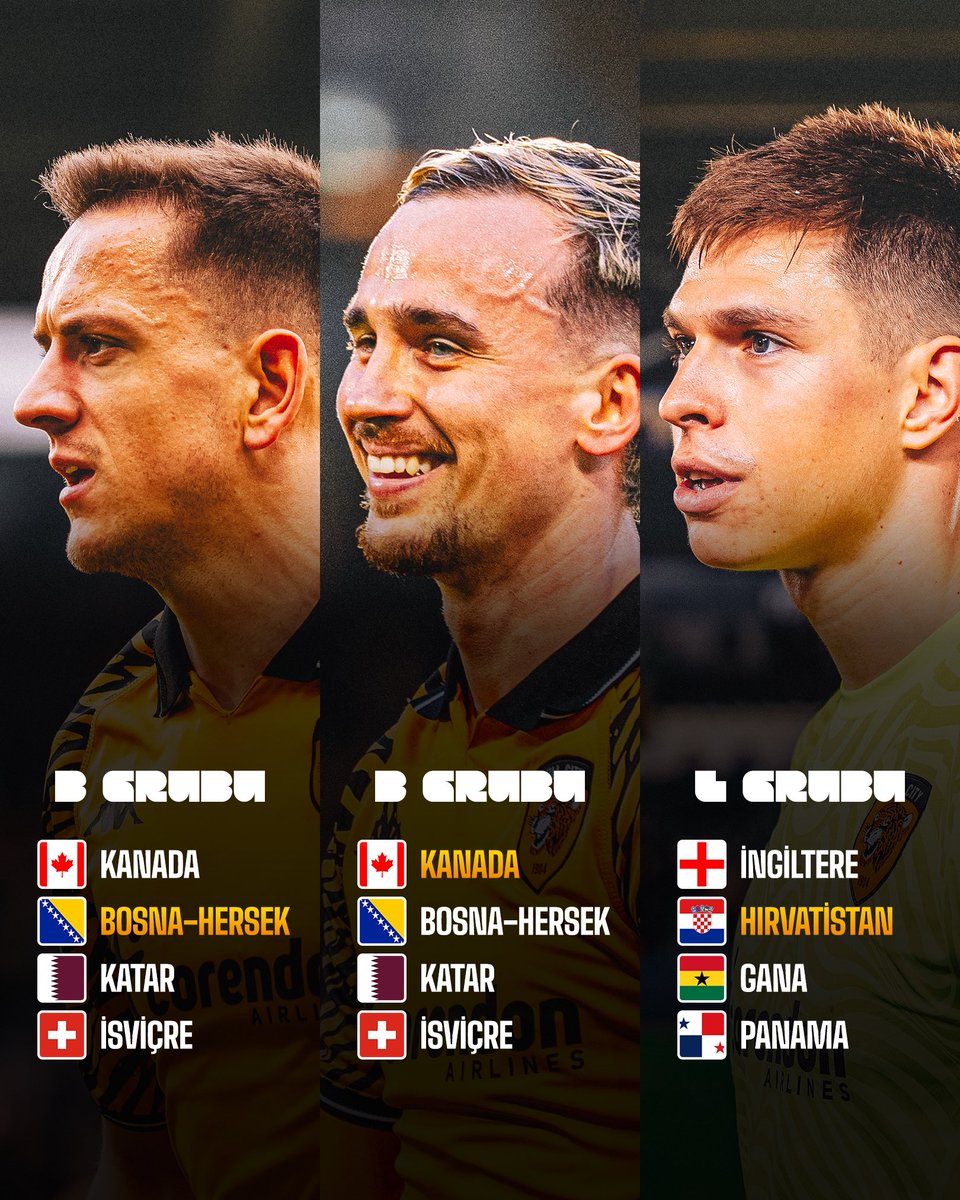 HullCityTurk's tweet photo. 2026 FIFA DÜNYA KUPASI 🌍🏆

🟠⚫️ 2026 FIFA Dünya Kupası başlarken turnuvada yer alacak futbolcularımıza göz atalım!

🇧🇦 Amir Hadziahmetovic
🇨🇦 Liam Millar
🇭🇷 Ivor Pandur

#hcafc https://t.co/Nufwt0FVn9