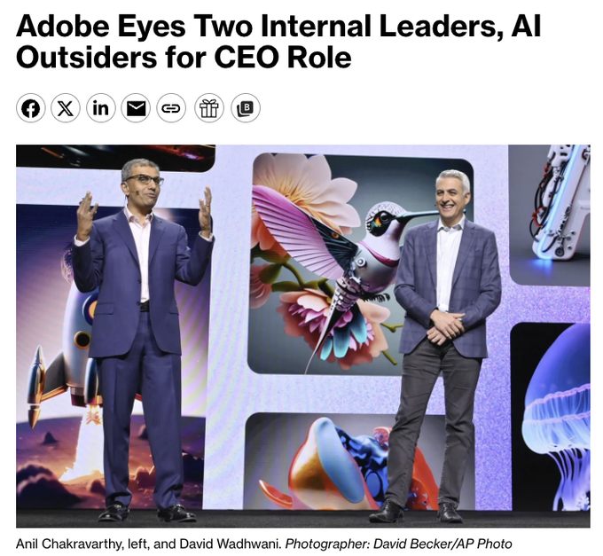 PolymarketMoney's tweet photo. $ADBE is reportedly weighing David Wadhwani and Anil Chakravarthy as leading internal CEO candidates. 

Adobe also hired Heidrick &amp; Struggles to search externally for AI product leaders as pressure builds from AI-native creative tools. https://t.co/u2aE5RTRDR