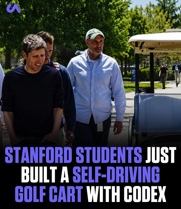 uncover_ai's tweet photo. A group of Stanford students just built a self-driving car in one month.

The project happened on Stanford's campus, where five students used OpenAI's Codex to engineer a fully autonomous golf cart from mechanical parts to self-driving models in about 30 days.

Here's how they did it:
> Codex designed the mechanical parts and mapped out the circuit diagrams.
> It tested failure points before anything was built.
> It validated hardware decisions in real time.
> Then it helped train the model that drives the cart.

Mark Music, Georg von Manstein, Felipe Barbosa, Alex Jihun Kim, and Ethan Goodhart aren't veteran engineers, they're students.

What would normally take a professional team months to build, they compressed into four weeks by treating AI as a co-engineer, not just a coding assistant.

The cart now navigates Stanford's campus on its own.

This is the part that changes everything, AI didn't just write their code, it designed parts, simulated failure, and helped build a physical machine.

It works in robotics, hardware, circuit design, and autonomous systems, and it hands serious engineering capability to anyone willing to learn how to use the tools.

The future of building things might not require a team of specialists anymore.

PS. If you found value in this post make sure to like and repost this tweet + follow @uncover_ai to stay updated with the latest AI news.

See you in the next one: