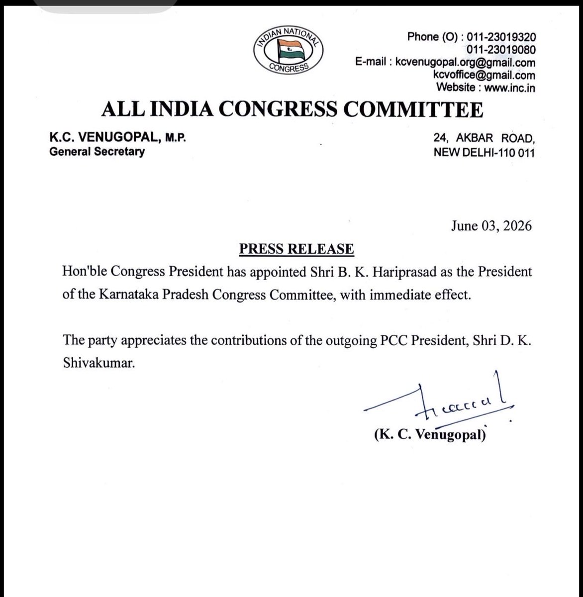 AniltheMatrix's tweet photo. Within hours after @DKShivakumar swearing-in as chief minister, senior Congress leader Sri BK Hariprasad appointed as new KPCC president.

@INCKarnataka https://t.co/gql9KmpN69