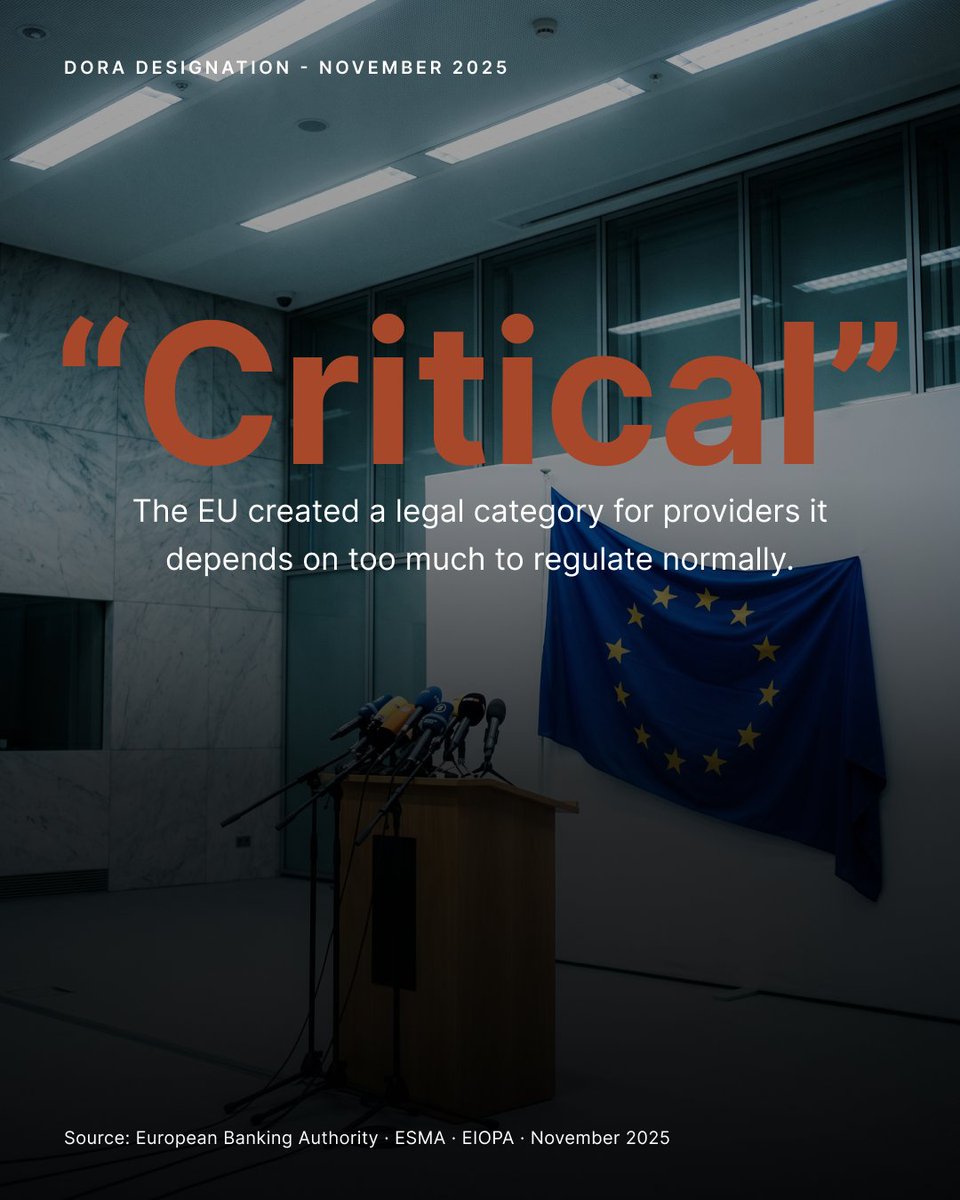 dfinity's tweet photo. "Critical."

That's the legal category EU regulators created in November 2025 for AWS, Microsoft Azure, and Google Cloud.

Under DORA - the EU's Digital Operational Resilience Act - the European Banking Authority, ESMA, and EIOPA officially designated all three as Critical third-party providers. Meaning, their failure would constitute systemic risk to the EU financial system.

Banks. Insurers. Investment firms. Payment institutions. Across the EU. Running critical functions on infrastructure regulators now class as a systemic dependency.

So regulators built a new oversight framework. Joint inspection teams. Annual risk analyses. On-site visits.

Not to reduce the dependency. To manage it.

That's not a supervision story. It's an architecture story.

When concentration becomes severe enough that regulators must invent a new legal category to contain the risk - the problem was never regulatory. It was structural.