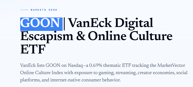 essencepnl's tweet photo. New GOON Etf by VanEck. This is fucking big all the other ETFs ran super high

Just posted: https://t.co/IVoSZpoaqp https://t.co/OfCqEbHwMw