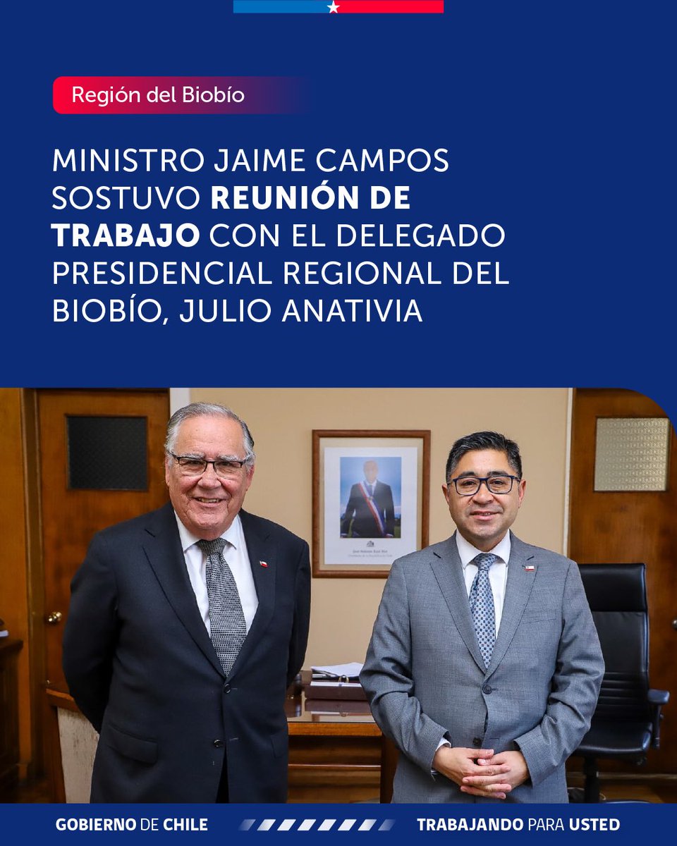 MinagriCL's tweet photo. Comenzando su visita en la Región del Biobío, el ministro Jaime Campos, junto al seremi de @MinagriBioBio, Francisco Lagos, se reunieron con el delegado de @DPRBiobio, Julio Anativia, para abordar distintos temas del sector agrícola y forestal. https://t.co/61Ko5f378p