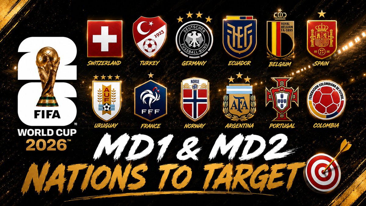 DakaloDeekayFPL's tweet photo. 12 Nations to try and have in your fantasy squad for MD1 & MD2 as they have good fixtures, before playing your wildcard in MD3. 🚨⤵️

1. Switzerland 🇨🇭
MD1 🆚 Qatar
MD2 🆚 Bosnia & Herzegovina 
🥇 Embolo
💎 Vargas, Xhaka

2. Turkey 🇹🇷
MD1 🆚 Australia 
MD2 🆚 Paraguay 
🥇 Calhanoglu 
💎 Arda Guler, Kadioglu 

3. Germany 🇩🇪
MD1 🆚 Curacao 
MD2 🆚 Ivory Coast 
🥇 Florian Wirtz
💎 Kimmich, Musiala

4. Ecuador 🇪🇨
MD1 🆚 Ivory Coast 
MD2 🆚 Curacao 
🥇 Pacho
💎 Hincapie, Caicedo

5. Belgium 🇧🇪
MD1 🆚 Egypt 
MD2 🆚 Iran
🥇 Doku
💎 Kevin De Bruyne, De Cuyper 

6. Spain 🇪🇸
MD1 🆚 Cape Verde
MD2 🆚 Saudi Arabia 
🥇 Lamine Yamal
💎 Oyarzabal 

7. Uruguay 🇺🇾
MD1 🆚 Saudi Arabia 
MD2 🆚 Cape Verde 
🥇 Valverde
💎 Nunez, Araujo

8. France 🇫🇷
MD1 🆚 Senegal 
MD2 🆚 Iraq 
🥇 Mbappe
💎 Olise, Dembele 

9. Norway 🇳🇴
MD1 🆚 Iraq 
MD2 🆚 Senegal 
🥇 Haaland
💎 Ryerson, Nusa

10. Argentina 🇦🇷
MD1 🆚 Algeria 
MD2 🆚 Austria 
🥇 Messi
💎 Nico Paz, Molina

11. Portugal 🇵🇹
MD1 🆚 D.R Congo
MD2 🆚 Uzbekistan 
🥇 Bruno Fernandes 
💎 Nuno Mendes, Cristiano Ronaldo

12. Colombia 🇨🇴
MD1 🆚 Uzbekistan 
MD2 🆚 D.R Congo
🥇 Luis Diaz 
💎 J. Rodriguez, Munoz

Follow fore more!! 🤌🤌 #WCFantasy #FIFAWorldCup