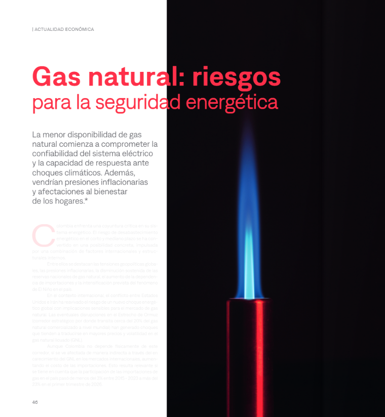 ANIFCO's tweet photo. ¿Está Colombia preparada para garantizar su seguridad energética en los próximos años? ⚡
El gas natural ha sido una pieza fundamental para el abastecimiento energético del país y para la estabilidad de los hogares y las empresas. Sin embargo, las señales de alerta sobre su disponibilidad son cada vez más evidentes.

En Gas natural: riesgos para la seguridad energética, el equipo de investigaciones de ANIF menciona:
💬 "La menor disponibilidad de gas natural comienza a comprometer la confiabilidad del sistema eléctrico y la capacidad de respuesta ante choques climáticos. Además, vendrán presiones inflacionarias y afectaciones al bienestar de los hogares".

🗣️ Deterioro fiscal: un problema de todos.
Una crisis fiscal empieza en el gobierno, pero termina en el bolsillo del ciudadano. Las acciones que se necesitan urgentemente deben ser parte del debate electoral y un tema central de la próxima administración.

📖 Lea este artículo y explore la edición completa aquí: https://t.co/eVlR0MPnfm

#ANIF #CartaFinanciera #GasNatural #EconomíaColombiana #FinanzasPúblicas #Colombia