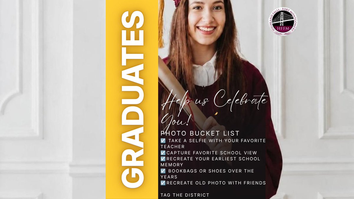 HFFMCSD's tweet photo. 🎓 Seniors, help us celebrate the Class of 2026! 📸 Join our Graduation Photo Bucket List and share your favorite memories, friendships, achievements, and campus moments. Don't miss your chance to be featured! 
#ClassOf2026 #SeniorYear #GraduationPhotoBucketList #HFFMCSD #JIO https://t.co/SfWiT0TfLT