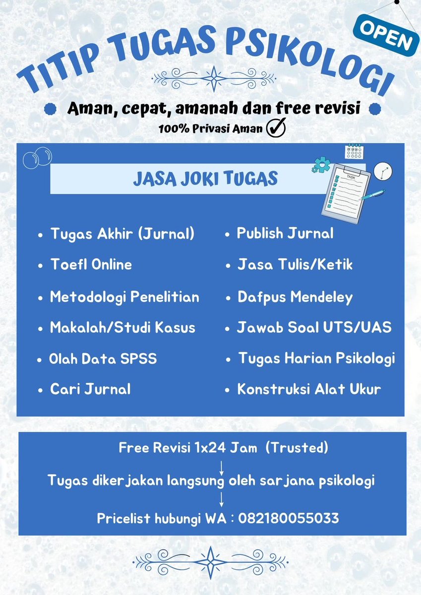 Jasapsiko's tweet photo. 📚 BUTUH BANTUAN TUGAS PSIKOLOGI?

Lagi pusing sama skripsi, proposal, atau olah data? Tenang, ada solusi yang aman, cepat, dan terpercaya✅

✨ Keunggulan:
✔️ 100% Privasi Aman
✔️ Dikerjakan oleh Sarjana Psikologi
✔️ Free revisi 1x24 jam
#jokitugas #zonauang #jokipsikologi https://t.co/CikJYojJYa
