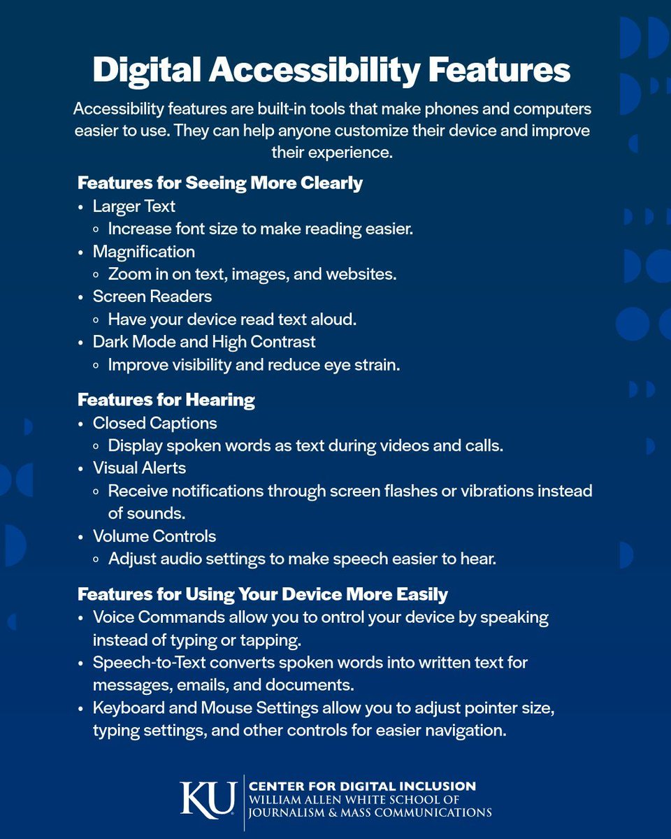 ku_cdi's tweet photo. Accessibility tools can make technology easier and more comfortable to use every day!

#KUCDI

Image Description: The graphics are titled “Digital Accessibility Features” and include tips for setting up accessibility tools for hearing, visibility, and more on computers or phones. https://t.co/8XSR0bU9cg