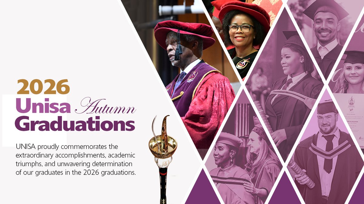 unisa's tweet photo. 🎓 Day 2 of the #2026UnisaAutumnGrads continues this evening as we celebrate the achievements of our graduates across two venues.

Join us live at 18:00 as we honour graduates whose hard work, dedication, and perseverance have culminated in this significant academic milestone.

📍 Pretoria – Unisa Muckleneuk Campus
📺 Watch live: https://t.co/bAa5fx7hlG

📍 Durban – Exhibition Centre
📺 Watch live: https://t.co/fJRJnw3NKW

Together, we celebrate excellence, resilience, and the transformative power of education.

#2026UnisaAutumnGrads | #Unisa150andBeyond | #CircleOfExcellence