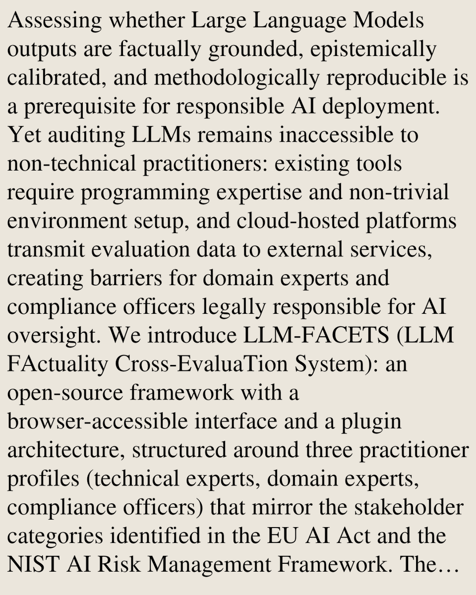 SciFi's tweet photo. LLM-FACETS: A Privacy-Preserving Framework for Evaluating LLM Transparency and Accountability

Tom Lucas, Alessio Buscemi, Alfredo Capozucca, German Castignani, Barbara Delacroix
https://t.co/qHjpgWE3c9 [𝚌𝚜.𝙰𝙸]
💬Code: https://t.co/QugLhdZgkh https://t.co/FxLtNrzTgd