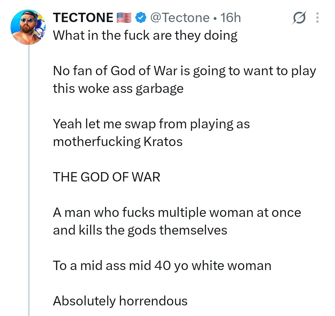 dailyhubranx's tweet photo. You're 32, looking 47 with diabetes, complaining about "mid ass 40 yo woman" talking about "men who bang multiple women" while you probably haven't touched one in years.
You're content is about talking shit about other people and streamers and playing COD all day. 
You do not speak for gamers!