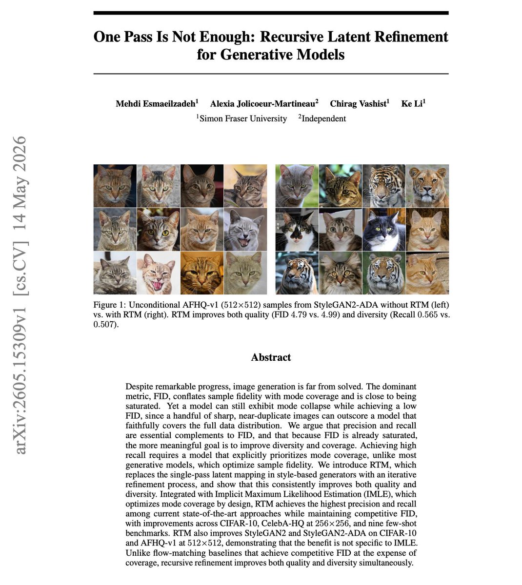 AlphaSignalAI's tweet photo. Image generators look impressive but quietly cheat. 

They score well on FID by producing near-duplicate outputs.
 
The catch is mode collapse hiding behind a clean number. 

Coverage of the real data distribution suffers in silence.
 
A new paper introduces the Recursive Token Mapper. 

It replaces the single-pass mapping network in style-based generators.
 
Most networks fix every style attribute in one shot. This one refines latent tokens over many cycles.
 
Depth comes from recursion, not extra layers.
 
Four design choices make it work:
 
> Nested inner and outer loops
> Original noise re-injected each cycle
> MLP-Mixer block avoids attention cost
> Gradients only on final step
 
On CIFAR-10 and CelebA-HQ, the score drops around 30% versus baseline. 

Precision and recall hit state of the art.
 
Inference still runs in a single step.
 
What does real diversity unlock next?