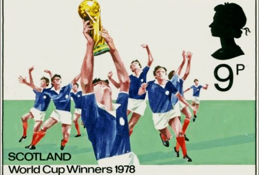 HighlandHistory's tweet photo. With the start of the World Cup less than a week away I thought I'd share something a little different for Football Memories - a stamp designed for Royal Mail which was set to go into production when Scotland came home with the trophy in June 1978...

[artist: Barry Wilkinson; source: National Library of Scotland]