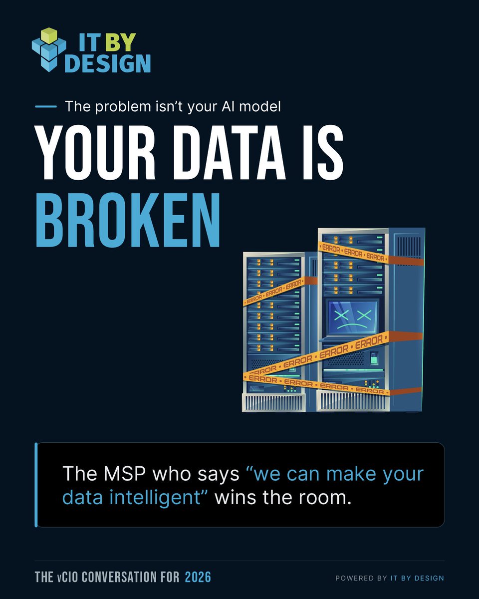 sunny_kaila's tweet photo. They bought AI on top of messy data. Got messy answers back. Faster.
Now they're blaming the AI. The real problem was never the model.
The MSP who says "we can make your data intelligent" wins the room.
This is the vCIO conversation for 2026.
#AI #MSP #AIByDesign #vCIO https://t.co/vEURBVuQI4