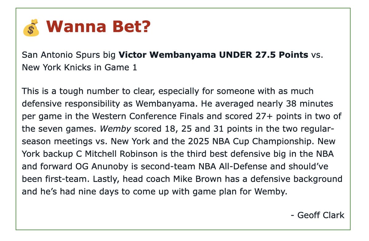 Geoffery_Clark's tweet photo. My @Outkick @OutKickBets Newsletter Pick of the Day for the 2026 NBA Finals Game 1 — https://t.co/1DEcX1wg9l