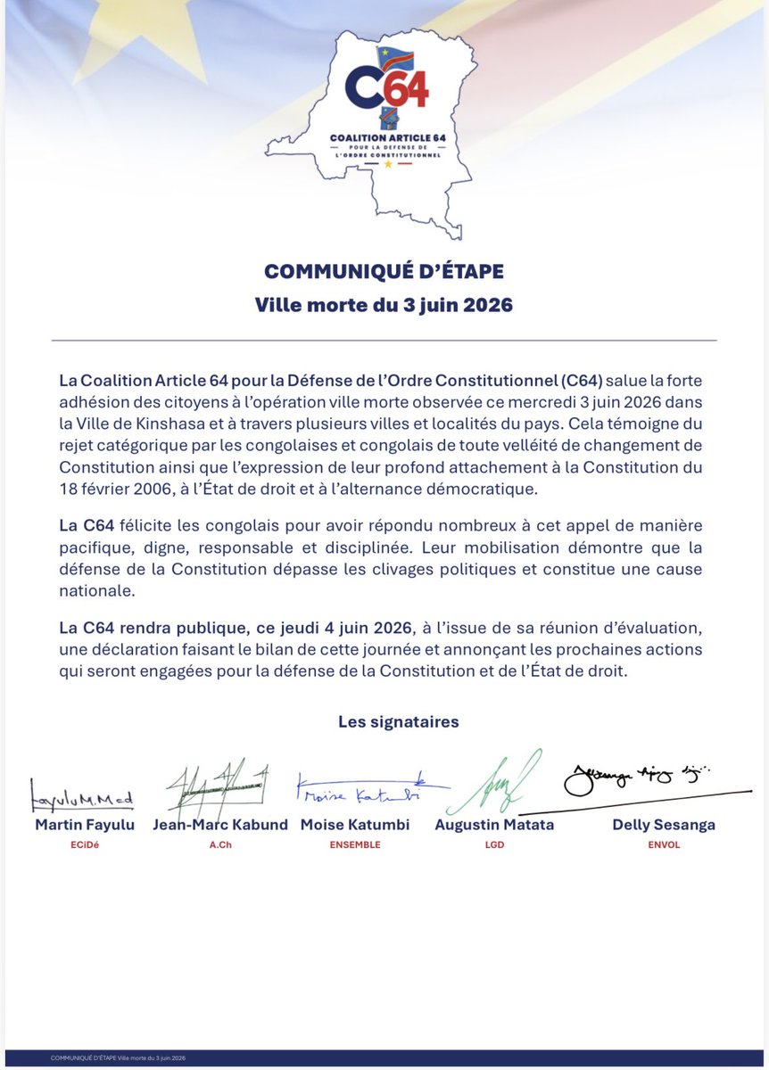 afrikarabia's tweet photo. 🔴#RDC #VilleMorte La coalition #C64 « félicite les congolais pour avoir répondu nombreux à cet appel de manière pacifique, digne, responsable et disciplinée. » De prochaines actions seront annoncées demain jeudi. https://t.co/ji8qAKezyb