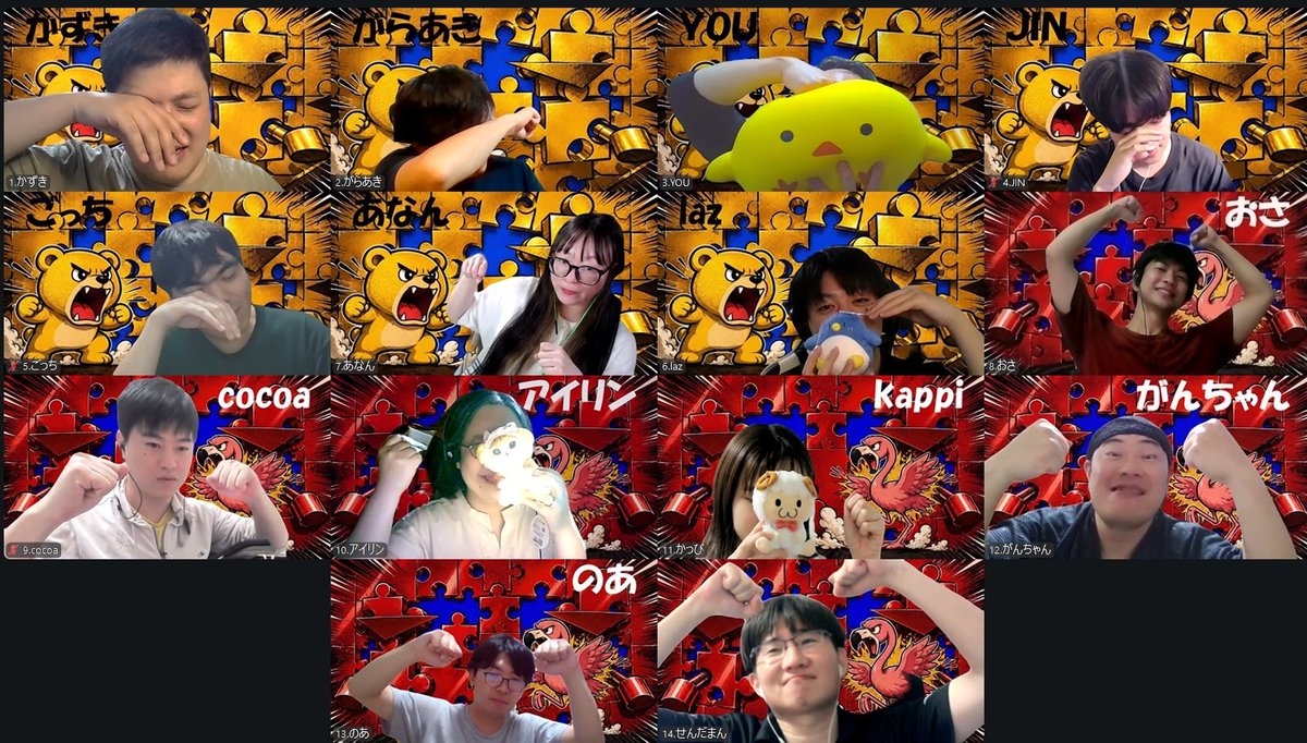 jinrouproject's tweet photo. 🐻 #かずき7vsおさ7貸切🦩
人狼界隈の最底辺を決める、醜く楽しく戦い合う貸切🔪
かずき軍の三連勝なるかと思いきや…

🐻 かずき7　18P
🦩 おさ7　　29P

🎊　おさ軍の初勝利　🎊

同数吊り無しも発生し、最終日まで熱い議論を繰り広げました🔥
かずき軍は弱者をクビにして、リベンジを誓いました💪✨ https://t.co/WuLE4Lh3Ps