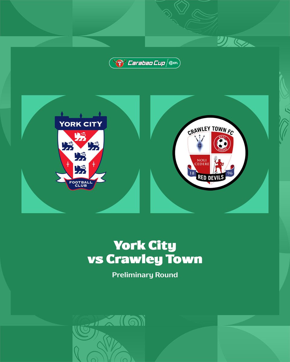 DaleJohnsonBBC's tweet photo. The Carabao Cup preliminary round draw is confirmed.
York v Crawley
Tranmere v Rochdale
The winners of the York v Crawley tie will go into the SOUTHERN section for the first round draw, to be made on June 25.
If York win in R1, the R2 draw regions will be rejigged. https://t.co/V6N9NMm7mm