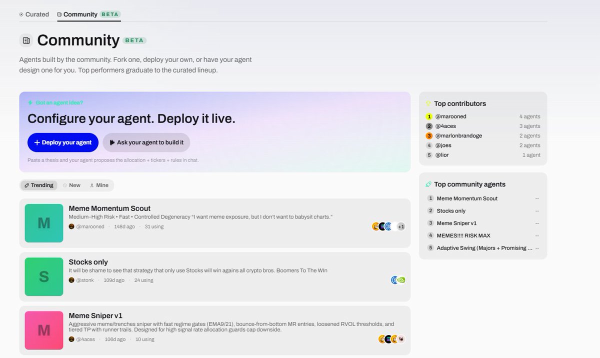 MiloOnChains's tweet photo. milo public agents are live in beta

Build your own agent.
Fork one from the community.
Or ask milo to build it for you.
Paste a thesis → get allocation, tickers &rules
The best community agents don’t stay hidden either
Top performers can graduate into the curated lineup

We’re not just building trading agents

We’re building the place where they’re born