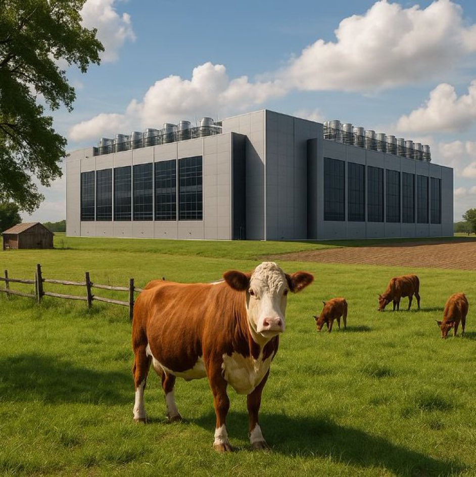 JamesMelville's tweet photo. Save the planet? We live in an inverted world where governments suggest reducing the number of cows and red meat consumption but are quite happy to plaster scenic farmland with massive AI data centres. https://t.co/ZFrgKshiN9