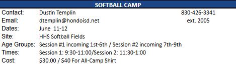 HondoAthletics's tweet photo. Softball Camp Date Change
In anticipation of inclement weather, we will be moving the dates of sotball camp to Thursday, June 11th and Friday June 12th.

Times will remain the same.

Sign up in person via cash or check made to Hondo Youth Camps or visit the HISD Box Office. https://t.co/8jyLrCMbwN