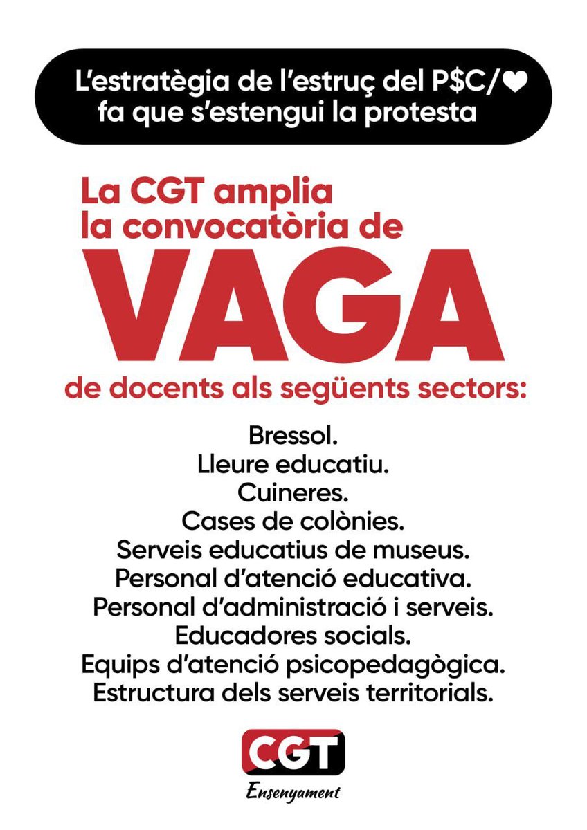 CGTLleida's tweet photo. 🔴⚫️Divendres 5 de Juny Vaga Educativa a Catalunya
De la Bressol a la Universitat!

📌Manifestació Unitària a Barcelona
🕛12.00 hores
📍Arc de Triomf https://t.co/PVbMW25nEd