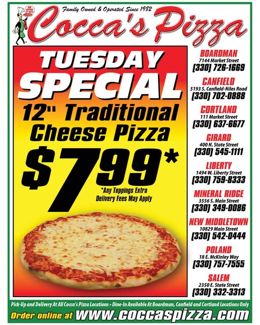 CoccasP's tweet photo. Tuesday just got better at Cocca’s Pizza with our 12” Traditional Cheese Pizza for only $7.99. 🍕 Pick-up and Delivery available at all locations. Dine-In only at Boardman, Canfield, and Cortland. https://t.co/bBIeO0okP5 https://t.co/FMLHgxSJ98