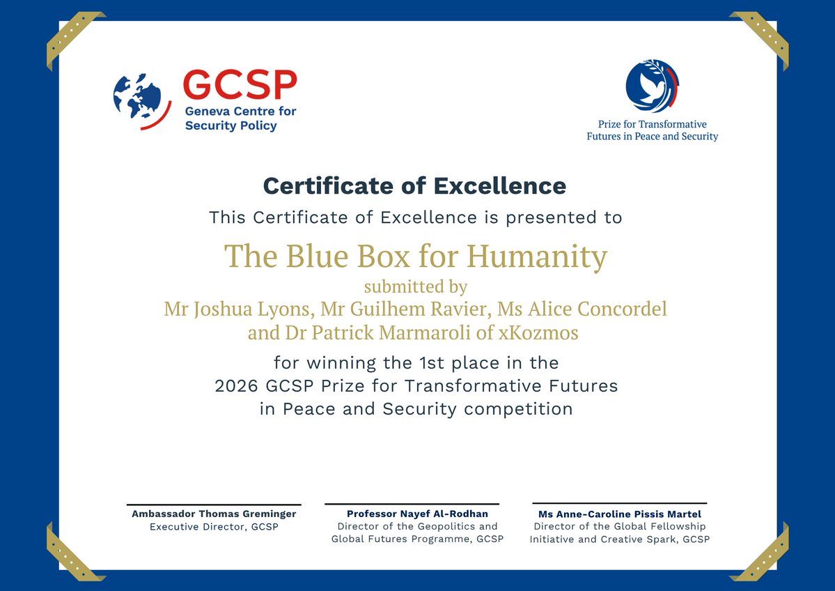 TheGCSP's tweet photo. 🥇Huge congrats to Mr J Lyons, Mr G Ravier, Ms A Concordel &amp; Dr P Marmaroli for taking 1st place with “The Blue Box for Humanity”, a network IoT devices using passive sensors to detect armed attacks near civilian sites: https://t.co/whngF1IlXa 

#TechForGood #GCSPPrize https://t.co/Tx92sDusJ2