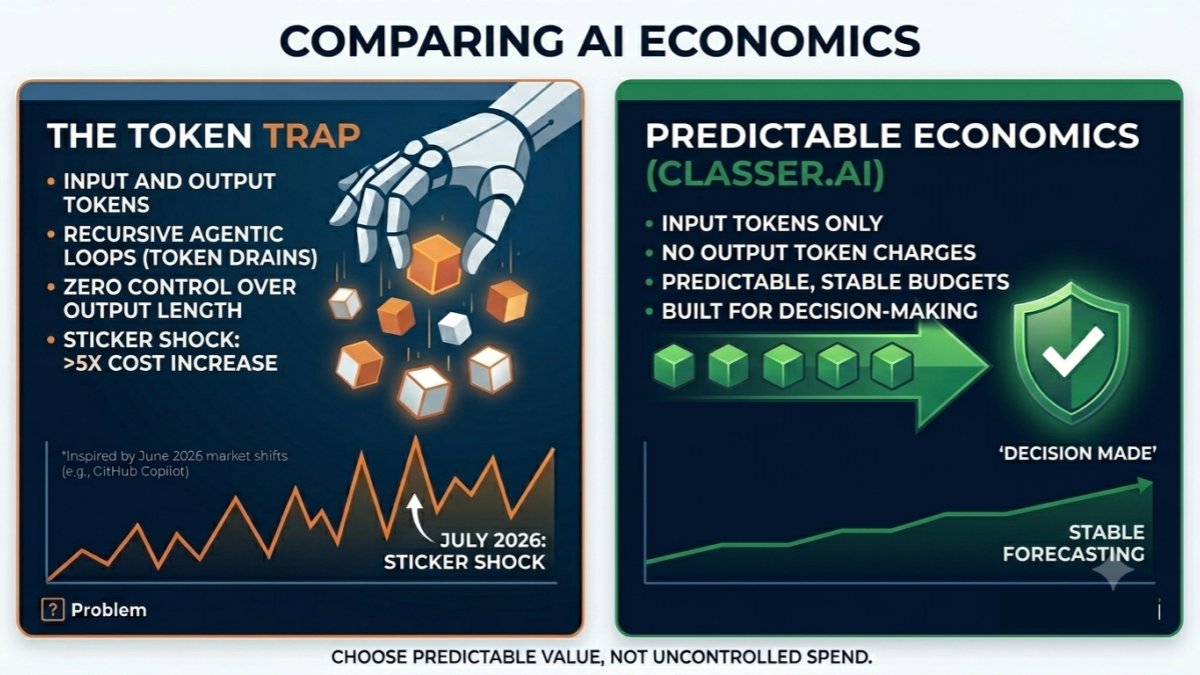 markzlabs's tweet photo. The AI industry has been running on subsidies for two years. Now, the bill is arriving - and for many engineering teams, it’s >5x higher than last month.

GitHub Copilot's shift to usage-based billing gave teams a harsh glimpse of what production AI actually costs.

Some developers burned through monthly credit allotments in a single day! Others calculated bills skyrocketing from $500 to $5,000.

GitHub isn't the exception. It’s the new rule.

As AI agents become more autonomous, they become drastically more expensive. They require deeper reasoning steps, massive context windows, and recursive tool calls. Even recent models, like Gemini 3.5 Flash, will translate to 6x high costs for many agents vs previous models.

But the crisis for CTOs isn't just the price. It's the unpredictability.

Most AI pricing is tied to both input and output tokens. The catch? You have zero control over how many tokens a model decides to generate mid-workflow.

A prompt that costs cents today costs dollars tomorrow if an agent gets caught in a loop or an unexpected reasoning chain. For production applications, budgeting around that volatility is an absolute nightmare.

CTOs want reliable business software pricing, but get casino outcomes.

https://t.co/cS98AfnyhE architecture is built differently. Our models are heavily optimized for classification, routing, and decision-making—not generating poems or videos.

With https://t.co/cS98AfnyhE, the economics are flipped:
• You only pay for input tokens.
• Zero output token charges.
• No surprise bills because a model decided to over-reason.
• No trade-off between cost and accuracy.

The future of AI isn't just about raw intelligence; it’s about sustainable economics. The winners won't be the models that generate the most tokens, but the systems that deliver the highest business value per dollar spent.

Stop paying for generations. Start paying for decisions.

How is your team adapting to usage-based AI billing👇

#LLMOps #AIEngineering