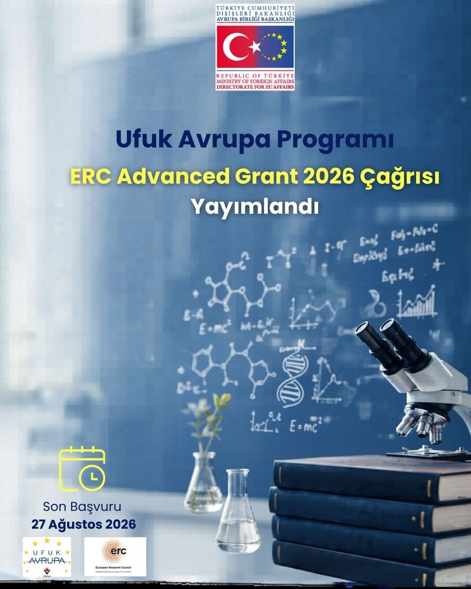 ABBaskanligi's tweet photo. 📢@UfukAvrupa_TR ERC Advanced Grant 2026 Çağrısı başvurulara açıldı!
🔬Araştırma liderlerine 5 yıl için 2,5 milyon avroya kadar destek
📅Son Başvuru: 27 Ağustos
🔗Başvuru: https://t.co/Tlbu8QWLQG
🎥Araştırma fikrinin geliştirilmesi hakkında video için: https://t.co/PSNQGn5oVO https://t.co/DL215sVepg
