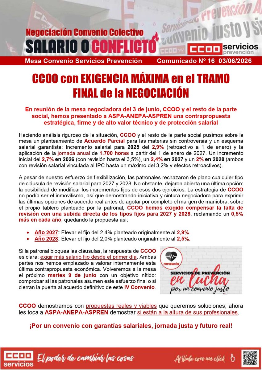 SPAs_CCOO's tweet photo. 👷‍♂️👩‍⚕️IV Convenio Servicios #prevencion

⏰ @CCOO con EXIGENCIA MÁXIMA en el TRAMO FINAL de la NEGOCIACIÓN con @SPAjenos @FederacionAspa @ANEPA_PRL y @ASPREN_PRL 

#PRL #Prevencion #CCOO #salariooconflicto https://t.co/XKXBymNYtB