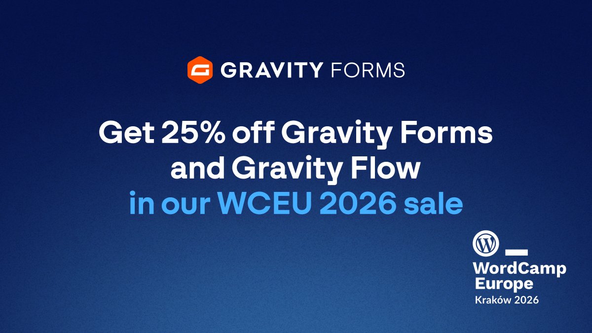 gravity's tweet photo. It’s WordCamp Europe week!

We’re celebrating with 25% off new Gravity Forms and Gravity Flow licenses from June 1-8, plus an exclusive giveaway for attendees at the event.

Get the details…
https://t.co/GM7qK26xfu https://t.co/A13E7POKZx