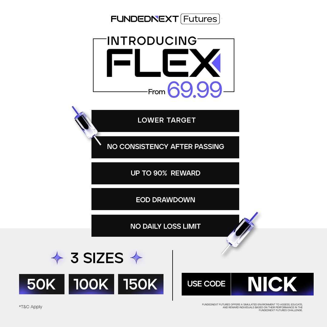 NickDoesFutures's tweet photo. To celebrate the FundedNext Flex launch- I'm giving away 3 Flex accounts of any size! 🔥

To Enter 👇
Follow & Retweet 
Comment code NICK and tag a friend

Code NICK for up to 47% off all Flex Challenges 
🔗 https://t.co/pCbDmo8y8Q

$50K starting at $69.99. No daily loss limit. No activation fee. No consistency rules on funded. This is the best deal they've ever dropped.