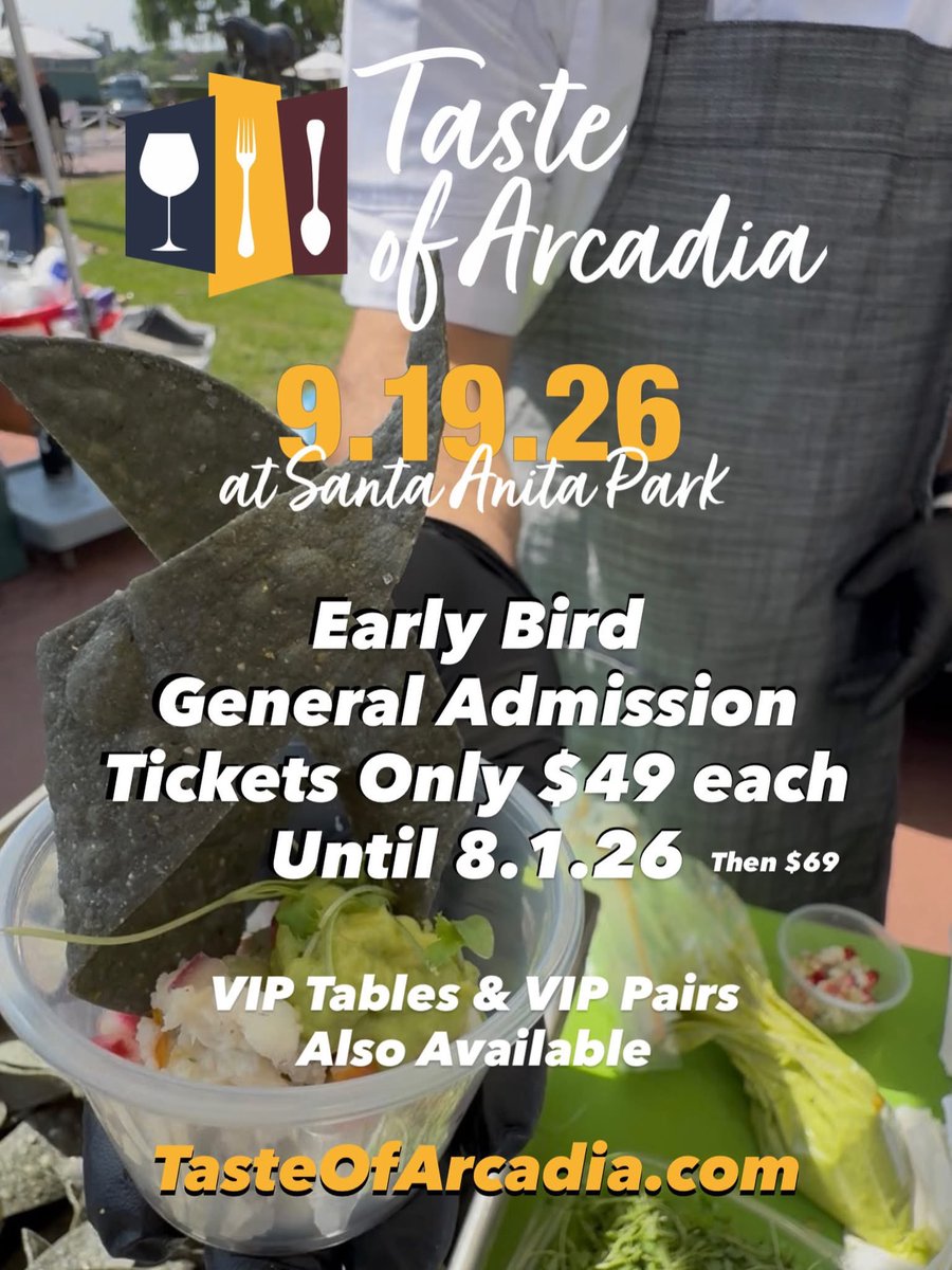 ArcadiaChamber's tweet photo. 🎟️ Early Bird Pricing is only $49 each for general admission to @tasteofarcadia 🎉
Don’t miss out on this fantastic price!  Goes up to $69 each on 8.1.26 (&amp; $79 each on the day of)!  So get your tickets now!

VIP Tables &amp; VIP Pairs are also available.

🎟️ https://t.co/RUzv3yOFKK https://t.co/NZkwWyO8e0