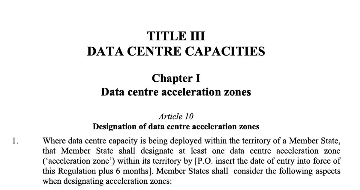 AlexTPet's tweet photo. EU Commission's Data Centre Acceleration Zones Proposal: 

Good:
- Regulation, not directive, saves 12-24 months
- Brownfield-first
- Access-once permitting at zone level

Bad:
- Grid connections not included, so may fail like the UK's AI Growth Zones https://t.co/zcJvzhjWmJ