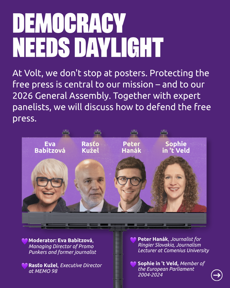 VoltEuropa's tweet photo. We're putting free press at the centre of our Volt General Assembly in Bratislava. Join us and learn from the people defending it every day. Get your ticket now: https://t.co/0WDty7cVCO 💜

🧵 (3/3) https://t.co/0fHu0jSArO