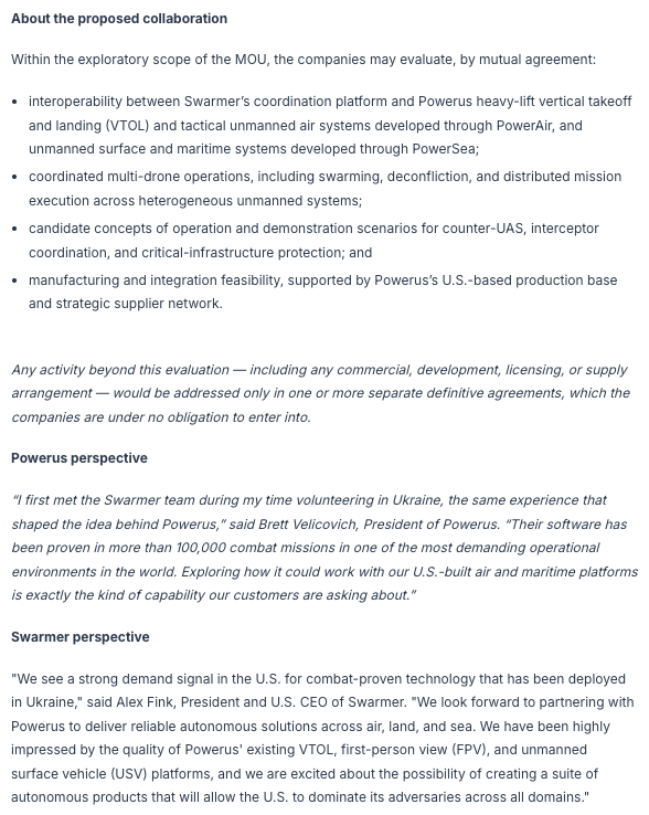 og_tigress's tweet photo. $PUSA x $SWMR MOU

Collaboration will focus on defense, counter-drone and critical infrastructure missions. The companies will explore how Swarmer's coordination platform can be integrated within @powerus_usa systems.

Essentially creating next-generation defense systems. https://t.co/S5TbTB9VKe