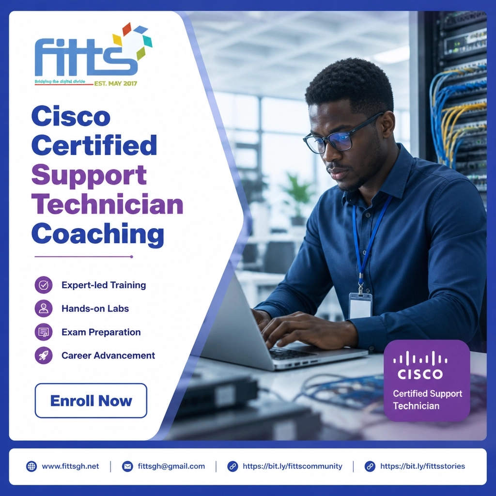 FITTSGH's tweet photo. Secure the network! 🛡️ Cisco Certified Support Technician coaching begins! FITTS: ICT training provider, not a CATC. Support services: $53.00.

Stories: https://t.co/M3C49oDUjx
Enroll: https://t.co/gtDr0eoMhb
fittsgh@gmail.com | https://t.co/ty3ikJ6w2v
#FITTSGH https://t.co/rY1BYUq26P
