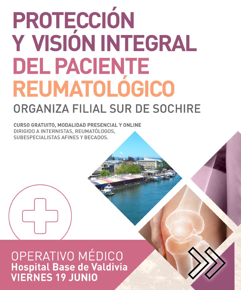 sochire's tweet photo. Revisa aquí el programa de “Protección y Visión Integral del Paciente Reumatológico”, curso que se realizará los días 19 y 20 de junio de 2026 en el Hotel Puerta del Sur, Valdivia, en modalidad presencial y online.
Inscripciones en https://t.co/0BPfwiIALd https://t.co/oE7BJpyGfS