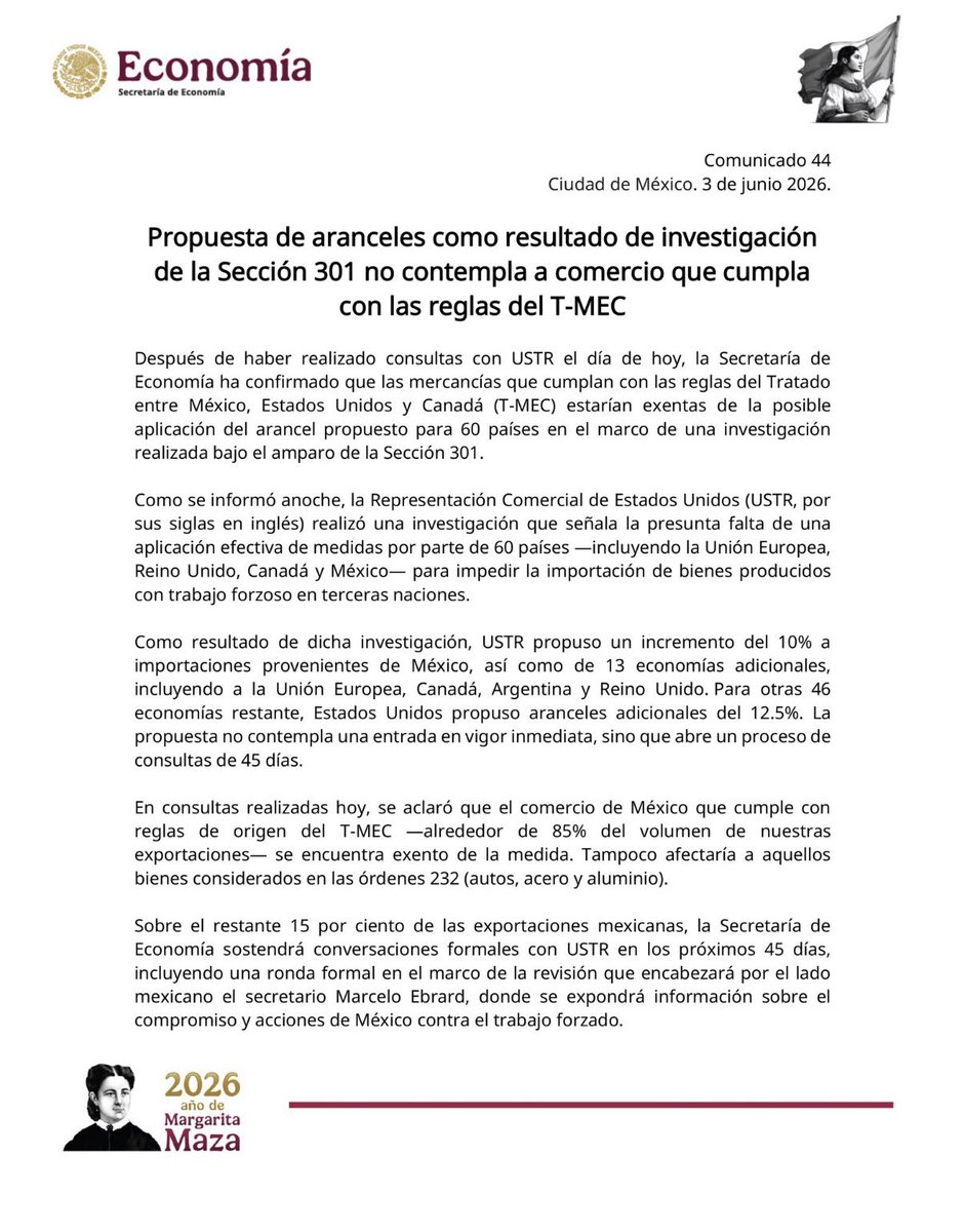 LuisRosendo_'s tweet photo. Propuesta de aranceles como resultado de investigación de la Sección 301 no contempla a comercio que cumpla con las reglas del #TMEC https://t.co/8kIuxhWvIz