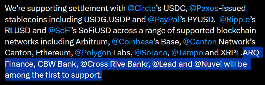 ChadSteingraber's tweet photo. Mastercard releases the list of banks and money transmitters that will be utilizing the stablecoin service.

-ARQ Finance
-CBW Bank
-Cross River Bank
-Lead
-Nuvei

RLUSD🇺🇸 https://t.co/dGzXw5kSUf