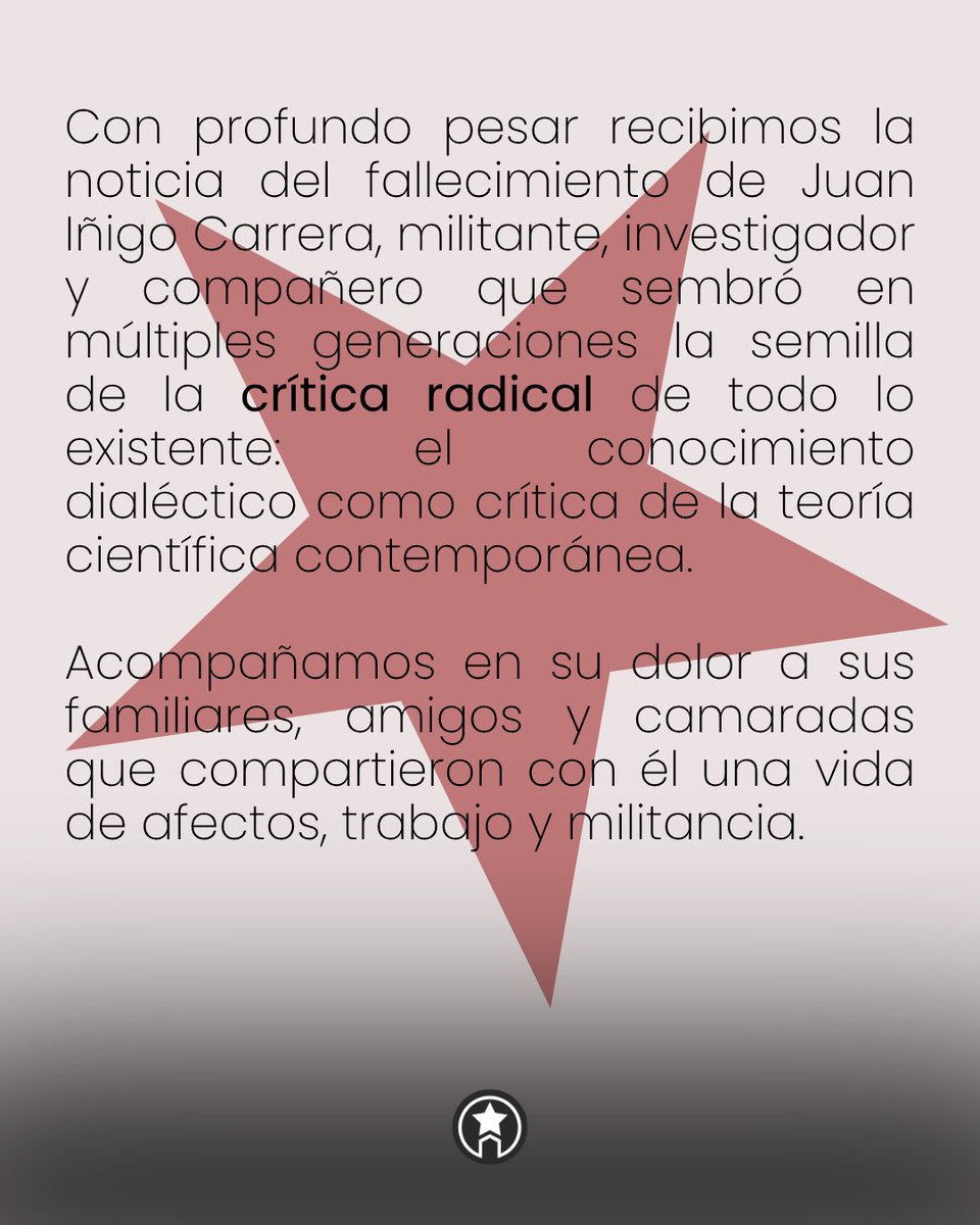 sicar_org's tweet photo. ⭐️ Juan Iñigo Carrera

🚩 Una perdida que no es ninguna pérdida 

🛠️ Su aguda labor crítica, objetivada en su obra como trabajo muerto, constituye un fundamento crucial en el ejercicio del trabajo vivo de la militancia socialista. https://t.co/h5gCxNnaoj