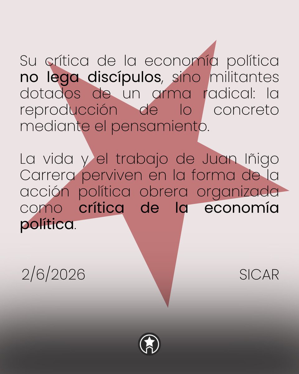 sicar_org's tweet photo. ⭐️ Juan Iñigo Carrera

🚩 Una perdida que no es ninguna pérdida 

🛠️ Su aguda labor crítica, objetivada en su obra como trabajo muerto, constituye un fundamento crucial en el ejercicio del trabajo vivo de la militancia socialista. https://t.co/h5gCxNnaoj