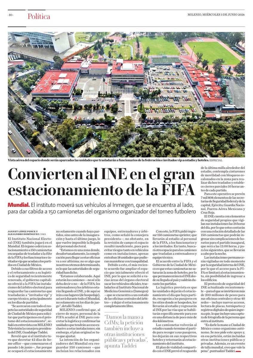 Jannet_LP's tweet photo. 🔴#HoyEnMILENIO
El INE será el estacionamiento VIP de la FIFA

Al cierre de mayo, la FIFA tuvo que cambiar logística:

De 350 camiones con cuerpo técnico, a 150 camionetas encargadas de trasladar invitados VIP al Estadio

Taddei: es darle la mano a CdMx.
👉https://t.co/rDvWx99bhQ https://t.co/qkBWGjocJc