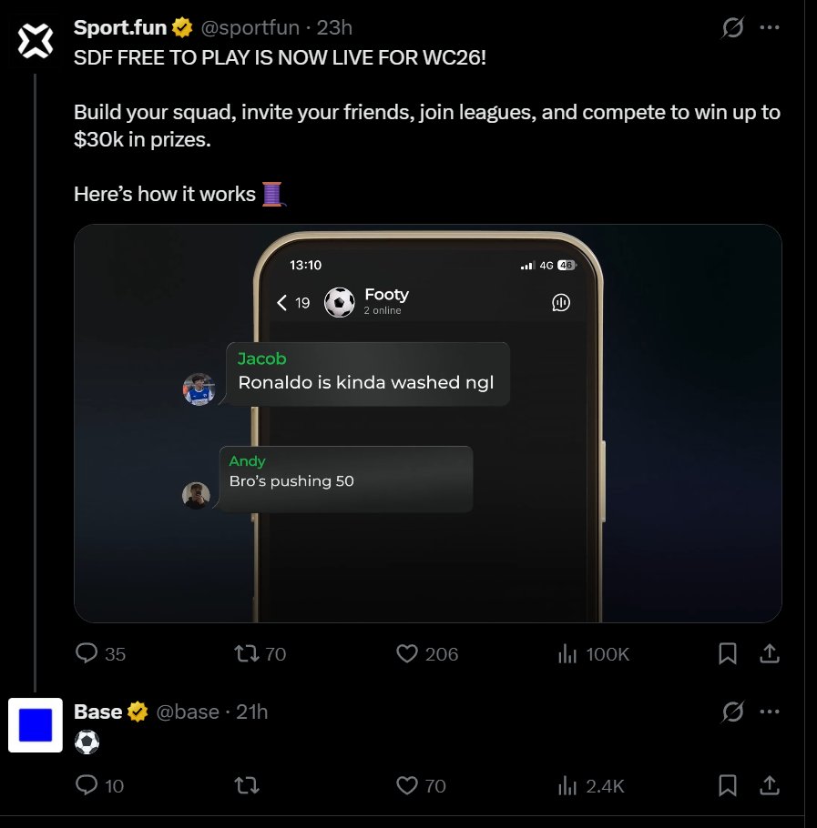 OttoSuwen's tweet photo. Anyone notice that @sportfun is the only World Cup adjacent project that the @base X account has interacted with? https://t.co/vf6vB1cl8y