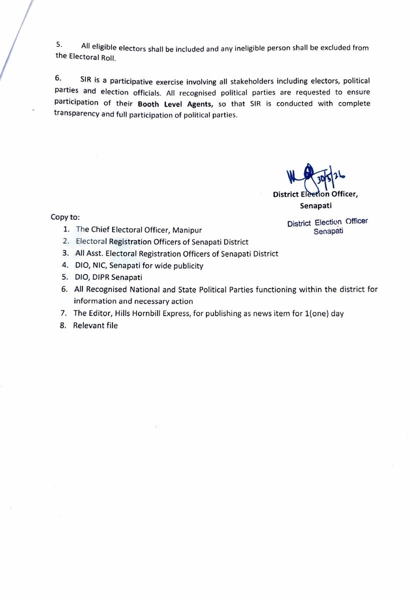 DcSenapati's tweet photo. The Electoral Registration Officers of 47 Karong AC, 48 Mao AC, and 49 Tadubi AC have officially launched the Special Intensive Revision of Electoral Rolls, 2026, across Senapati district. Running from May 30 to June 28, 2026 https://t.co/mmDeVq430y
